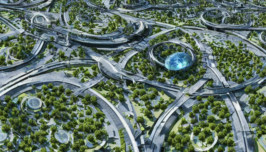 Image similar to futuristic ecological city with huge roundabouts, trees, crowded city, highways, hyperdetailed, artstation, cgsociety, 8 k