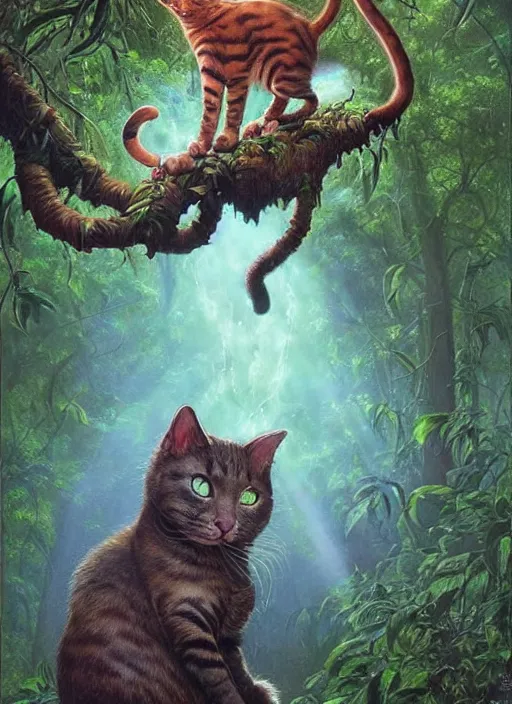 Image similar to a hyper realistic cat god with happy lighting and technology jewelry in the woods gorgeous lighting, sunbeams blue sky, lush forest foliage painting by chiara bautista and beksinski and norman rockwell and greg rutkowski weta studio, and lucasfilm