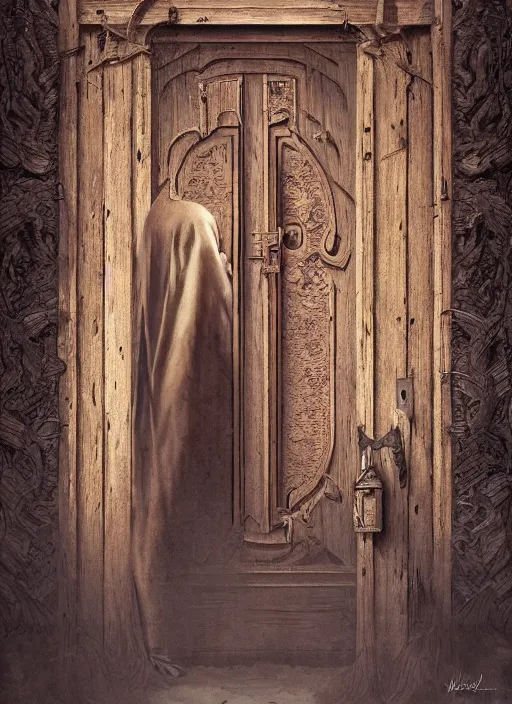 Image similar to a wooden womans faced carved into a wooden door, intricate Details, raphael lacoste, eddie mendoza, alex ross, john howe, concept art, matte painting, highly detailed, rule of thirds, dynamic lighting, cinematic, detailed, denoised, centerd, clean render