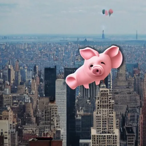 Image similar to a pig flying above new york