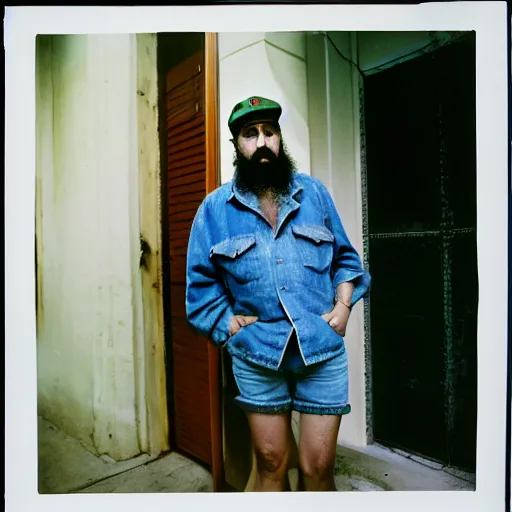 Image similar to fidel castro wearing denim shorts, full body portrait, 3 5 mm film, by nan goldin