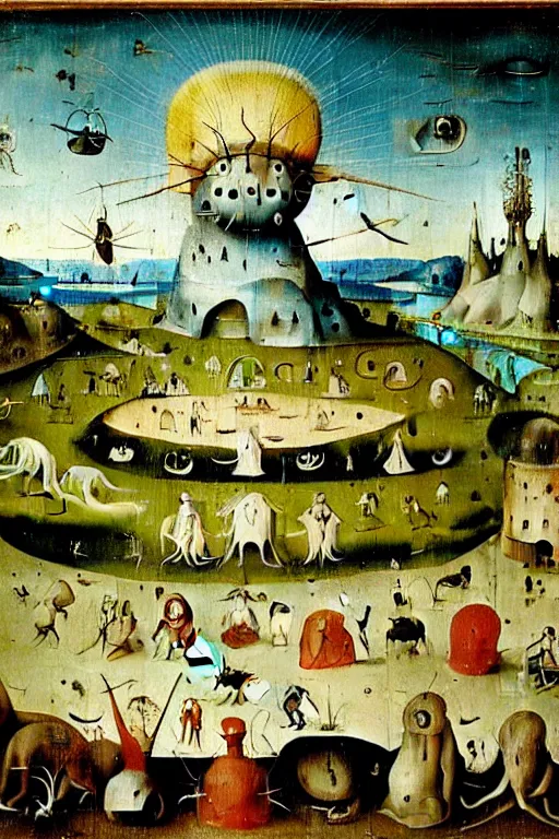 Image similar to a beautiful landscape with weird creatures by hieronymus bosch and dali
