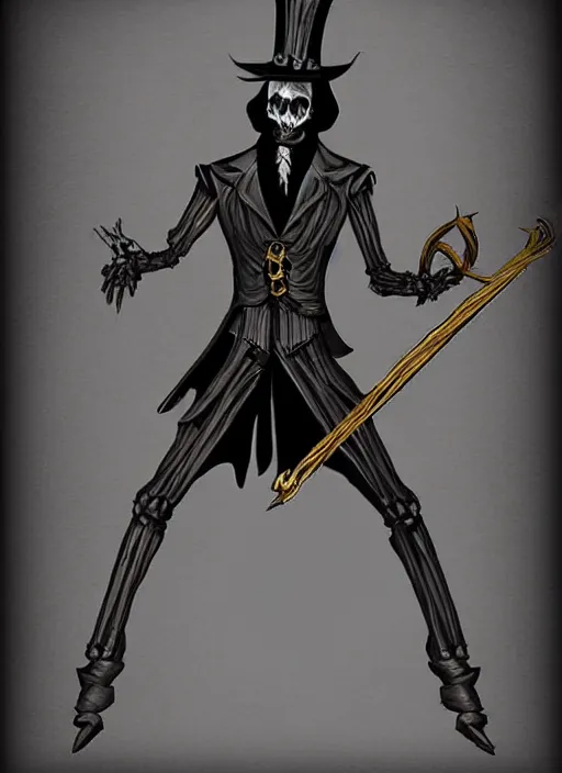 Image similar to DND character art, skeletal male figure, wearing a deep black suit!!! and tie and top hat, holding a gold! cane!, blue flames!!