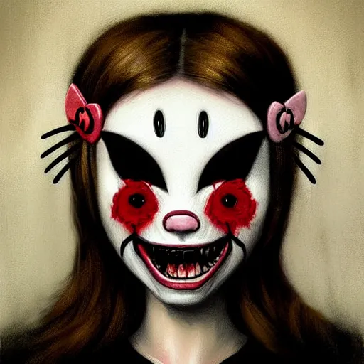 Prompt: Facial portrait. horrorversion version of Hello_Kitty!!, looking at the camera, slight evil smile. fear inspiring mood, intimidating, extremely detailed painting. by Greg Rutkowski and by Henry Justice Ford and by Steve Henderson.