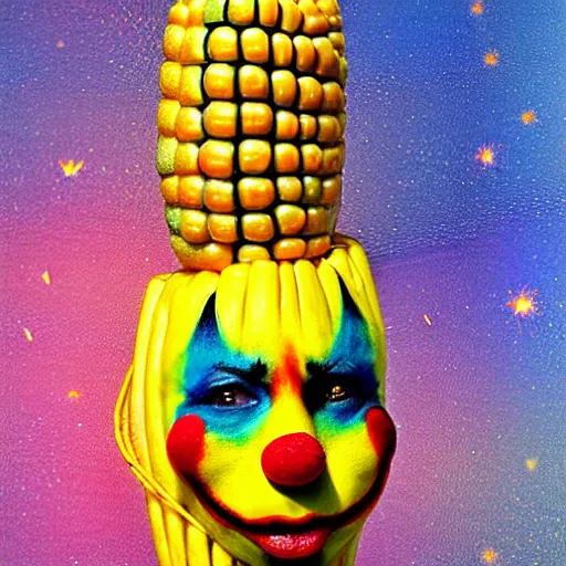 Prompt: UHD photorealistic Cosmic Corn on The Cob wearing a clown costume with real clown makeup in the style of tonalism