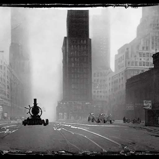 Image similar to old black and white photo, 1 9 1 3, depicting a dieselpunk giant robot mech rampaging through the bustling streets of new york city, historical record, volumetric fog