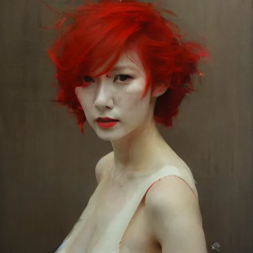 Image similar to the redhead vespa queen in hong kong, oil on canvas by ruan jia