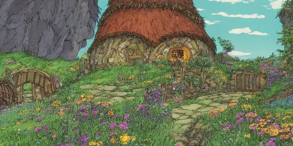 Image similar to a still of a background from howl's moving castle of hobbiton, studio ghibli