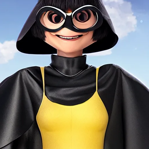 Image similar to a still of angry Edna Mode wearing a cape, Pixar (2018)