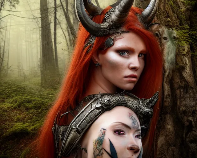 Image similar to 5 5 mm portrait photo of an armored gorgeous anesthetic redhead woman warrior with a face tattoo and horns growing from her head, and small dragon sitting on her shoulder in a magical forest in the style of stefan kostic, art by luis royo. highly detailed 8 k. intricate. lifelike. soft light. nikon d 8 5 0. cinematic post - processing