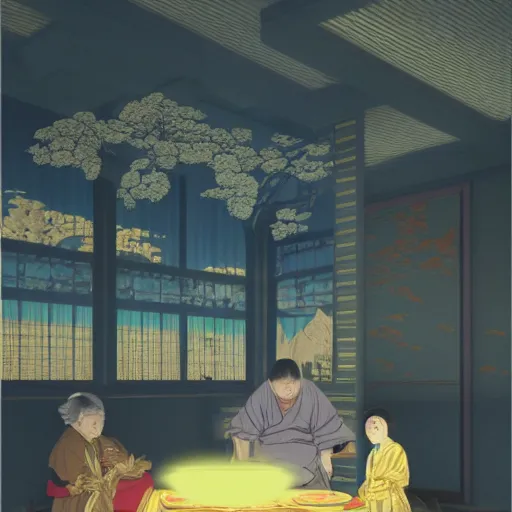 Prompt: fine dining with grandma eating crayons on golden plates in a palace, crayons melting down all over the floor, in the style of kawase hasui james jean, muted neon colors, artstation trending, 8 k, 3 d render, photorealistic, volumetric lighting caustics, black and white, detailed af