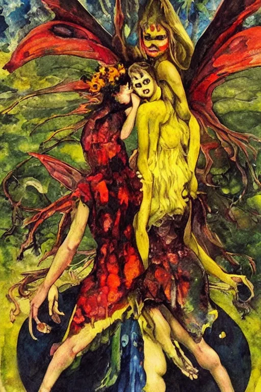 Prompt: surreal demonic fairies tempting you to addiction, intense emotional power, red yellow black, palette knife oil painting by peter booth, josh kirby and william blake