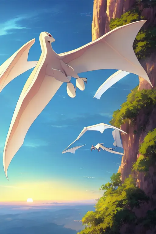 Image similar to a large smooth skinned white creature hybrid pterosaur, sitting on a cliff high in the sky, sunset, backlit, beautiful composition, by makoto shinkai an krenz cushart