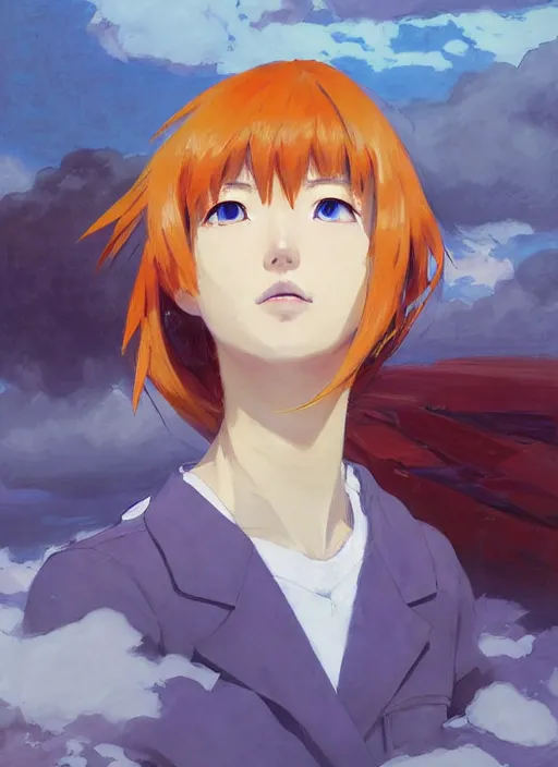 Prompt: portrait of Asuka Soryu from Evangelion, countryside, calm, fantasy character portrait, dynamic pose, above view, sunny day, thunder clouds in the sky, artwork by Jeremy Lipkin and Giuseppe Dangelico Pino and Michael Garmash and Rob Rey, very coherent asymmetrical artwork, sharp edges, perfect face, simple form, 100mm