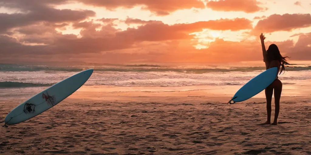 Prompt: woman in bikini with surfboard on mexican beach, full body, smiling, sunset