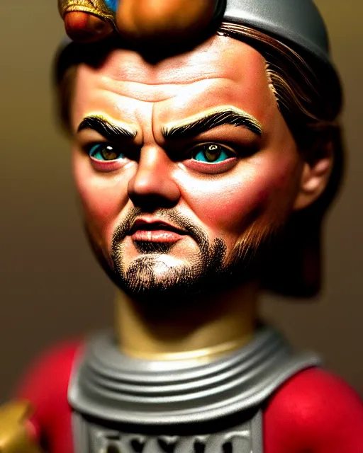 Image similar to highly detailed closeup, face profile portrait of a tin toy leonardo dicaprio as a medieval demon with horns eating cakes in a castle, hyper realistic, artstation, illustration, nicoletta ceccoli, mark ryden, lostfish, dan decarlo, bob clampett, max fleischer, digital paint, matte paint, vivid colors, detailed and intricate environment