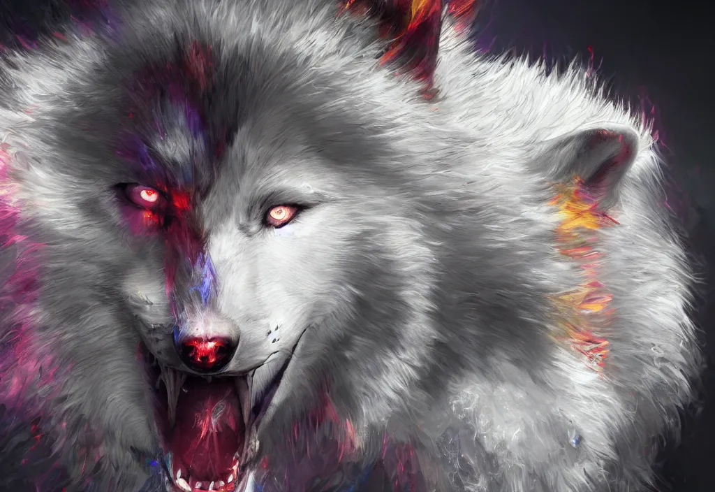 Image similar to a man morphing into a white wolf, artstation, high detail, colorful lighting