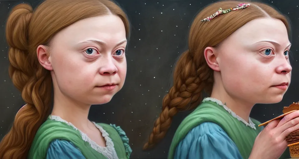 Image similar to closeup profile portrait of greta thunberg as a fairytale princess eating cakes with a a medieval goblin in the castle kitchen, nicoletta ceccoli, mark ryden, lostfish, max fleischer, hyper realistic, artstation, illustration, digital paint, matte paint, vivid colors, bright, cheerful, detailed and intricate environment