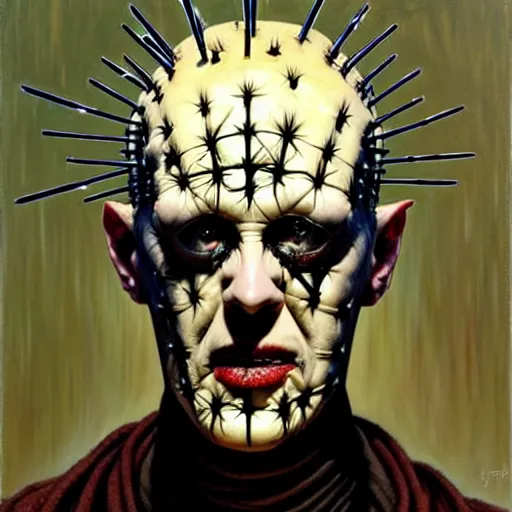 Image similar to portrait of pinhead from hellraiser. demonic cenobite. oil painting by lucian freud. path traced, highly detailed, high quality, j. c. leyendecker, drew struzan tomasz alen kopera, peter mohrbacher, donato giancola