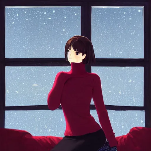 Image similar to a beautiful girl with dark hair, wearing a red turtleneck sweater, sitting in an apartment alone, looking out window at the city, night time, intricate, highly detailed, artstation, official media, anime key visual, mood lighting, sharp focus, art by Makoto Shinkai, Ilya Kuvshinov, Lois Van Baarle, and Rossdraws