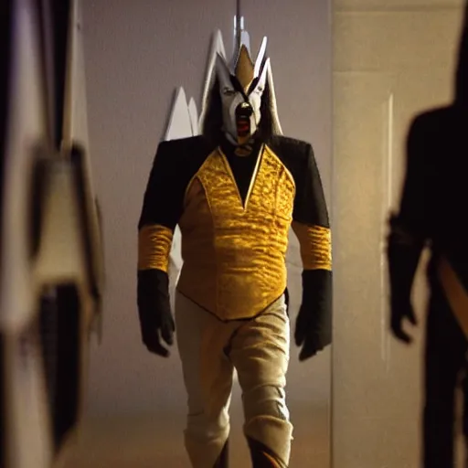 Image similar to a Klingon standing in a Star Trek Federation hallway