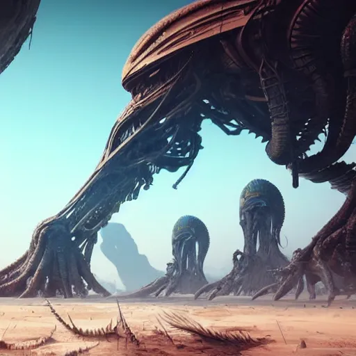 Prompt: the remains of a colossal creature lie on on a deserted planet, illustration, epic, sci - fi, hyper detailed, smooth, unreal engine 5, sharp focus, ray tracing