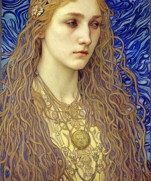 Image similar to detailed realistic beautiful young medieval queen face portrait by jean delville, alphonse mucha, vincent van gogh, and marco mazzoni, art nouveau, symbolist, visionary, gothic, pre - raphaelite