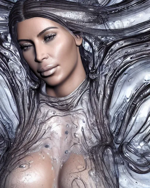 Image similar to epic full - body - shot still of kim kardashian unconscious in a transparent alien liquid, wet flowing hair, gooey skin, illustration, unreal engine 5, 8 k, made by h. r. giger.