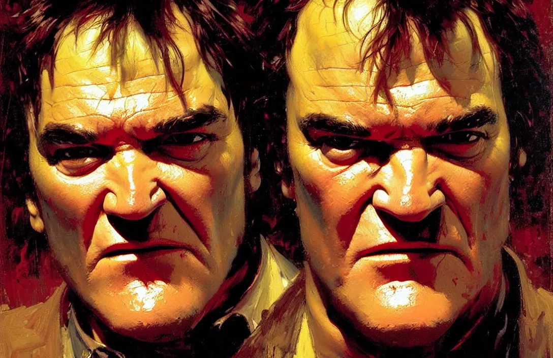 Image similar to portrait of quentin tarantino!!!!!!!!!!!!!!!!!!!!!!!!!!!, detailed face, detailed painting,, epic lighting, by ilya repin, phil hale and kent williams