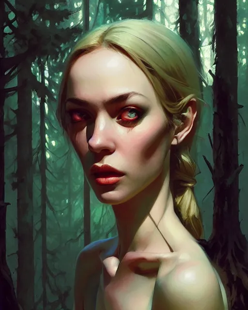 Image similar to stylized portrait of an artistic pose, composition, old ugly horror witch forest dark surrounded by nature, realistic shaded, fine details, realistic shaded lighting poster by ilya kuvshinov, magali villeneuve, artgerm, jeremy lipkin and michael garmash and rob rey