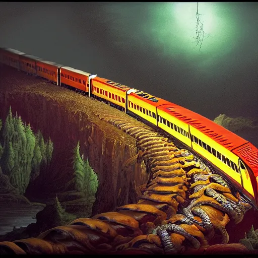 Image similar to photorealistic centipede thomas the train in the style of michael whelan and gustave dore. hyperdetailed photorealism, 1 0 8 megapixels, amazing depth, glowing rich colors, powerful imagery, sinister overtones, 3 d finalrender, 3 d shading, cinematic lighting, artstation concept art