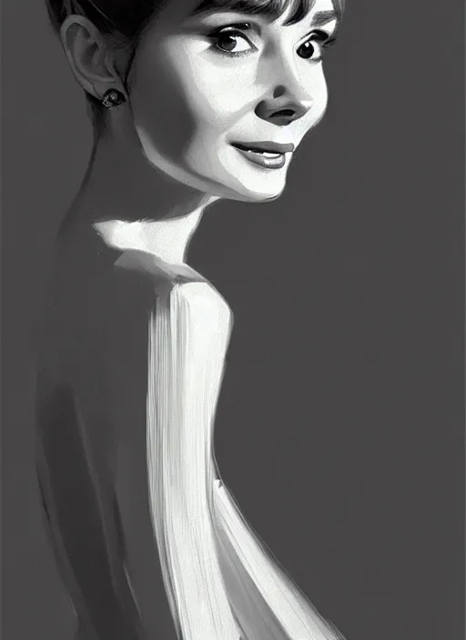 Image similar to portrait of audrey hepburn with bangs, 1 9 6 0 s, long hair, white hairband, bangs, intricate, elegant, glowing lights, highly detailed, digital painting, artstation, concept art, smooth, sharp focus, illustration, art by wlop, mars ravelo and greg rutkowski