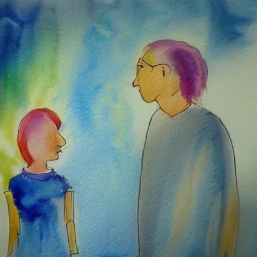 Image similar to a psychotherapist meets a client in his practice and helps her through a very difficult time for her, stylized watercolour