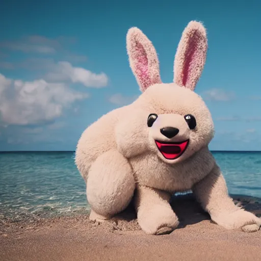 Prompt: an adorable fierce furry monster with long floppy rabbit ears chubby bear body and wolf legs, Smiling at the camera with a mischievous grin, happy lighting, at a tropical beach