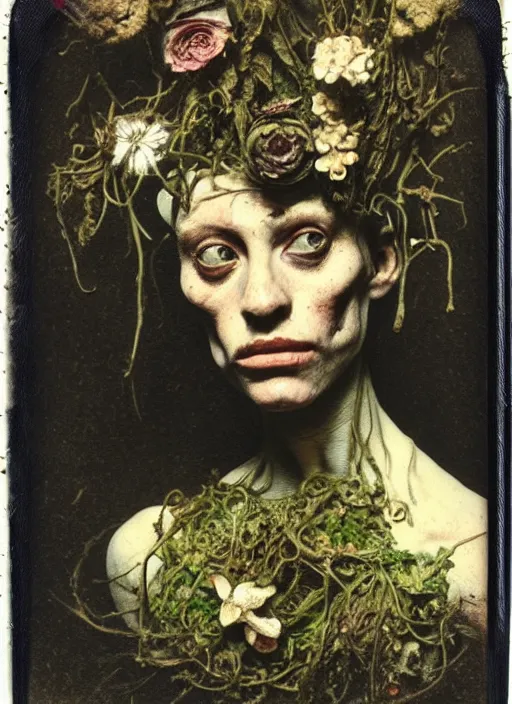 Prompt: beautiful and detailed rotten woman made of plants and many different types of flowers, muscles, intricate, organs, ornate, surreal, john constable, guy denning, caravaggio, 1 9 1 0 polaroid photo