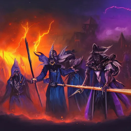 Prompt: A photo of a few sorcerers holding magic staffs and attacking people on the street with thunders, in the downtown, fire from sky, blue lightnings, dramatic purple thunders, golden meteors, war, dramatic shadows, powerful photo, magic, dramatic lighting, intricate, wild, highly detailed, digital painting, artstation, concept art, smooth, sharp focus, illustration, art by artgerm and greg rutkowski and alphonse mucha, footage