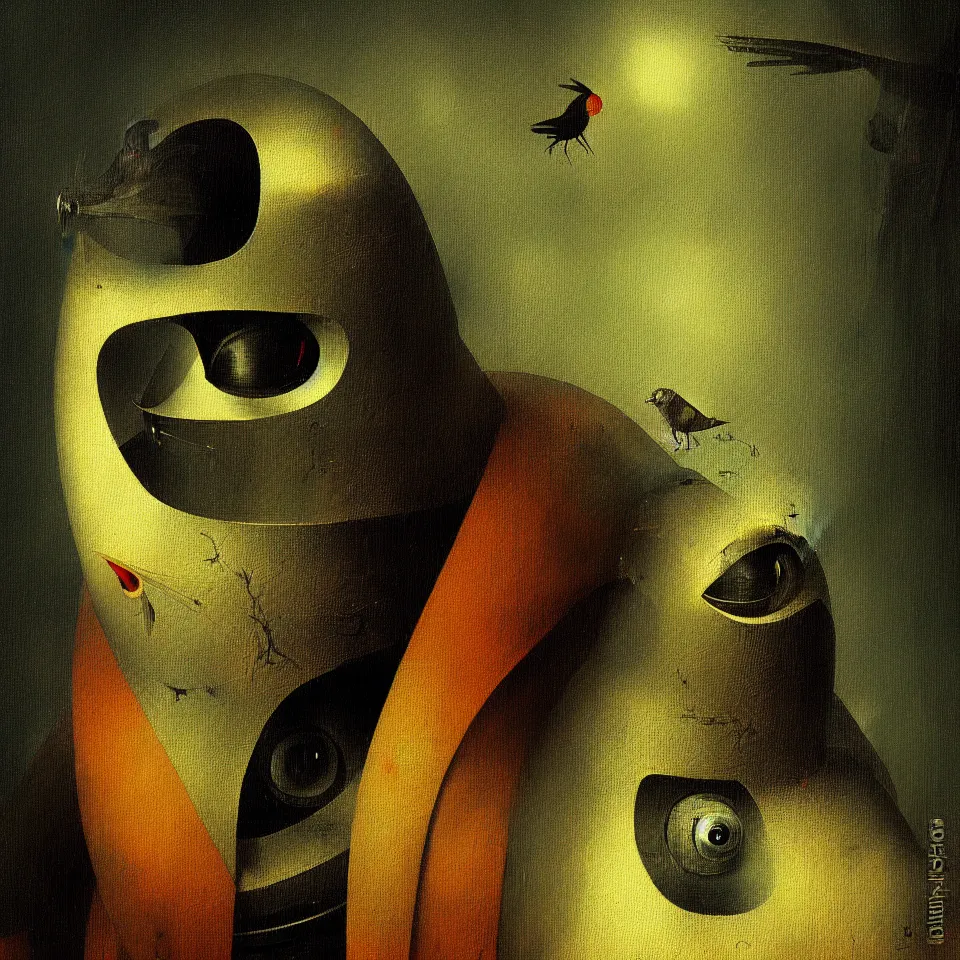 Image similar to robot bird, by hieronymus bosch, oil paint, portrait, cinematic, epic composition, digital painting, digital art, masterpiece