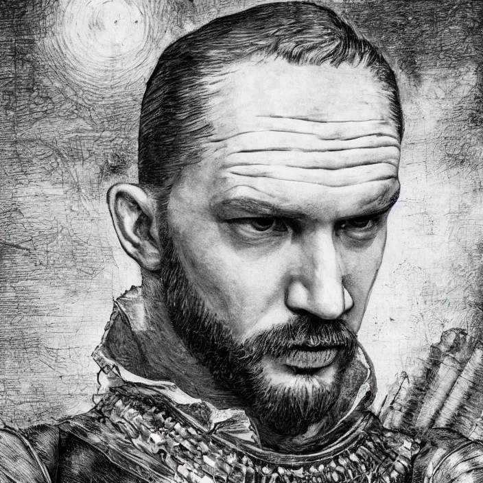 Prompt: professional photographic portrait of tom hardy as machiavelli in a library, vanquished enemies strewn over the ground, renaissance style, fine art piece, incredible detail, vray rendering, high octane,
