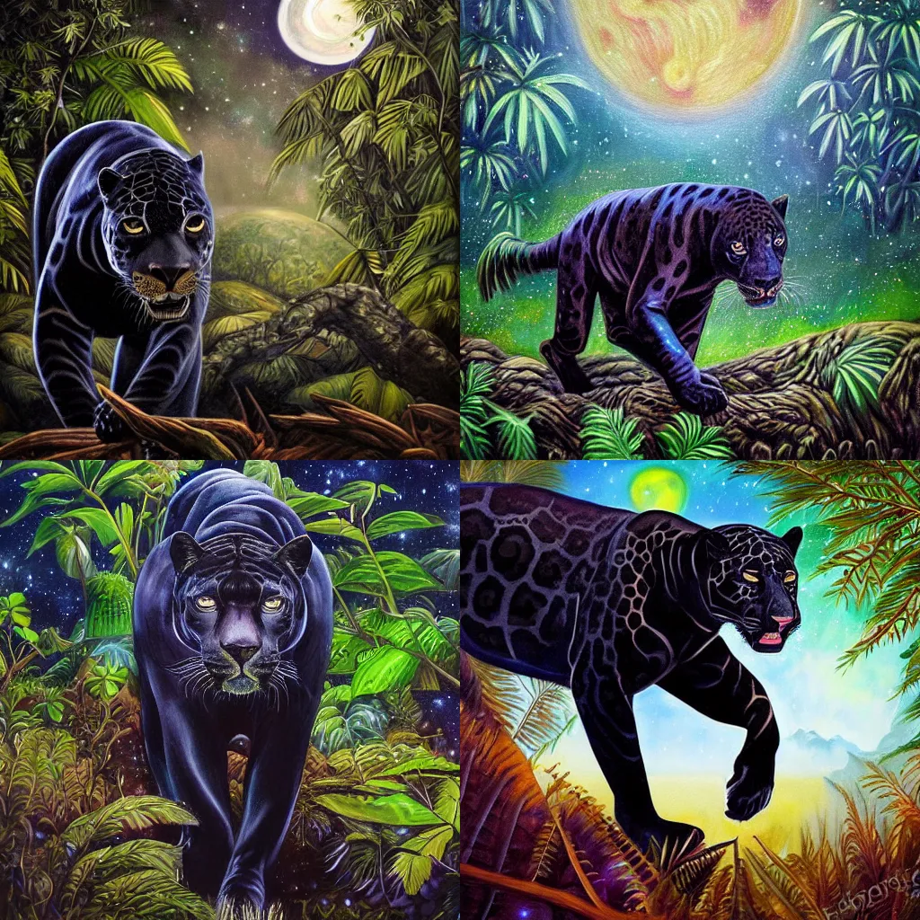 Prompt: a beautiful realistic painting of a black jaguar in the jungle hunting at night, starry sky, full moon, mysterious atmosphere, vibrant colors, ayahuasca, fantasy art style