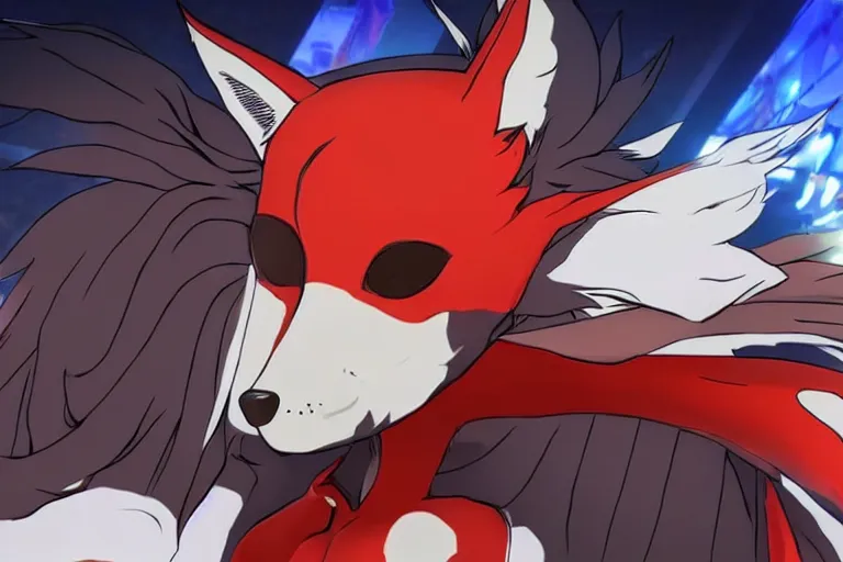 Image similar to a furry tan fox on a persona 5 : royal ( by atlus ) video game splash screen, a furry male sandcolored tan fox fursona ( has hair ), persona 5 phantom thief style