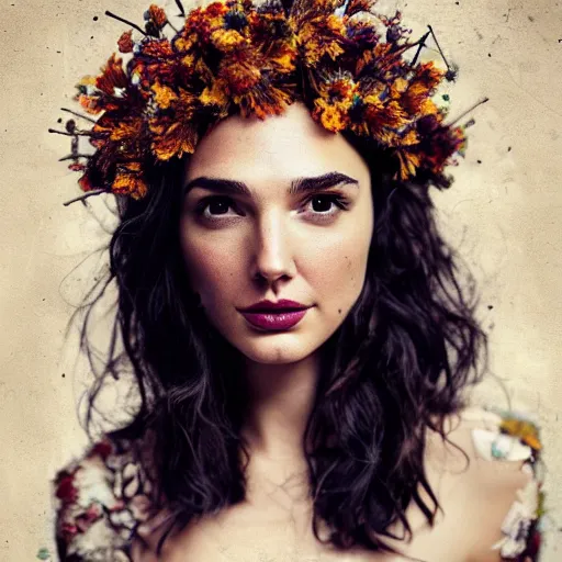 Prompt: full body fine art photo of the beauty gal gadot, she has a crown and a dress made of dried flowers done by oleg oprisco