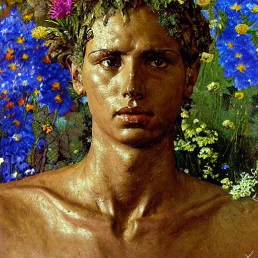 Image similar to a sculpture portrait made of water and sand and flowers and plants, painting part by wojciech siudmak, part by ilya repin, part by max ernst, part by norman rockwell, artstation