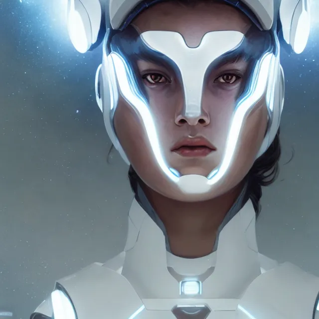 Prompt: close up portrait of beautiful futuristic female cyborg wearing white armor, deep space background, glowing hair, subsurface scattering, artistic, art by artgerm, greg rutkowski and alphonse mucha, artstation, octane render,