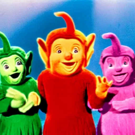 Image similar to A musical comedy in technicolor with Gene Kelly featuring the Teletubbies