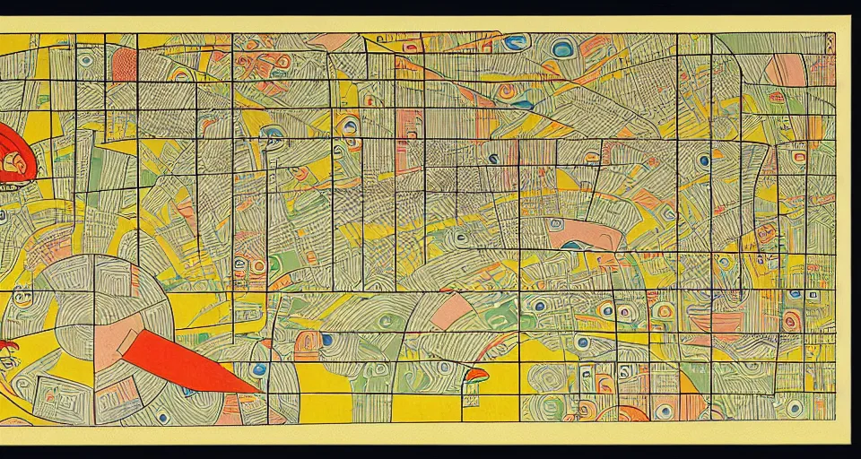 Image similar to isometric miniature map dashboard with time series charts, pie plots and other modern graphics, with small creatures on it. monografia by diego rivera and egon schiele