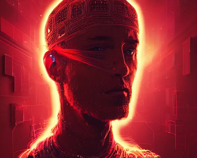 Image similar to portrait of fantasy wizard with halo of red cubes intricate abstract. intricate artwork, by tooth wu, wlop, beeple, dan mumford. concept art, octane render, trending on artstation, greg rutkowski very coherent symmetrical artwork. cinematic, key art, hyper realism, high detail, octane render, 8 k, iridescent accents