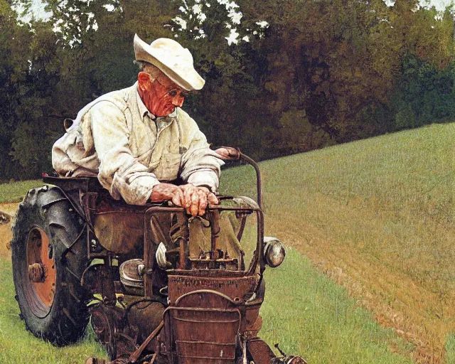 Image similar to high quality high detail painting by norman rockwell, hd, old man on tractor, muted pastel colors, photorealistic lighting