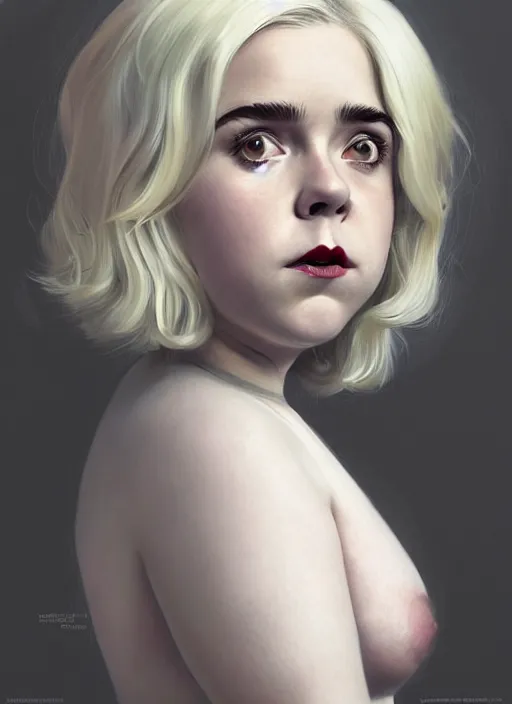 Image similar to full body portrait, kiernan shipka as sabrina spellman, white hair, obese, bangs, sultry, realistic, sultry smirk, fluffy bangs, curly bangs, fat, belly, intricate, elegant, highly detailed, digital painting, artstation, concept art, smooth, sharp focus, illustration, art by wlop, mars ravelo and greg rutkowski