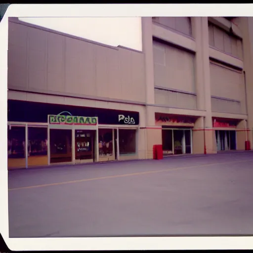 Prompt: a Polaroid of an empty shopping mall. Pentax camera with 35 mm lens (1989)