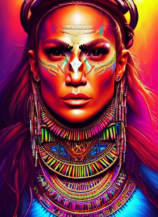 Image similar to portrait of jennifer lopez, hyper detailed ultra sharp aztec shaman warrior. trending on artstation, warpaint aesthetic, bloodwave, colorful, psychedelic, ornate, intricate, digital painting, concept art, smooth, sharp focus, illustration, art by artgerm and greg rutkowski and h. r. giger, 8 k
